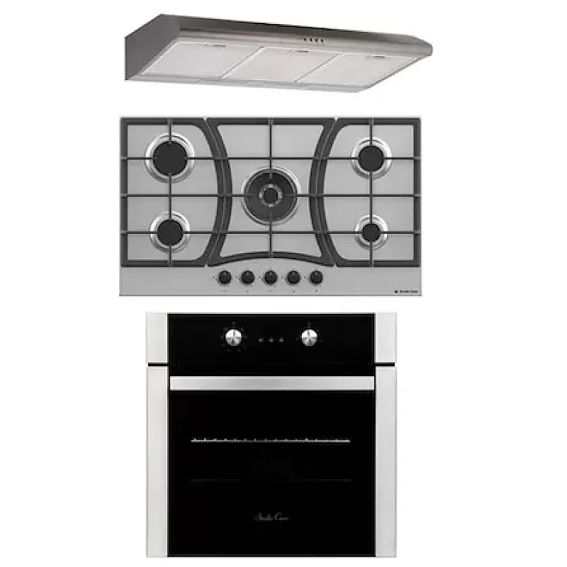 Pachet incorporabil Studio Casa Top 90/60/90 cm, Cuptor electric 60 cm, plita gaz Moon, 5 arzatoare 90 cm si hota clasica 90 cm, Negru / Inox - Studiocasa.ro