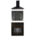 Pachet incorporabil cuptor electric, plita gaz si hota decorativa Umbria Retro Black Studio Casa, Clasa A, 6 functii, Gratare fonta, 1 motor turbo, Negru - Studiocasa.ro