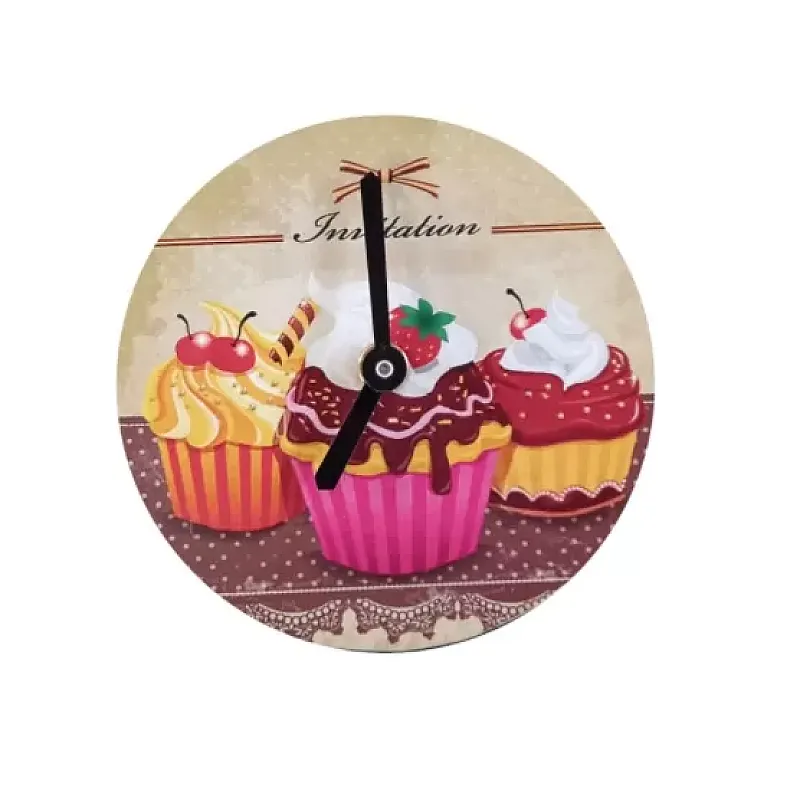 Ceas de perete fara rama COOKIES - 3 BIG CUPCAKE, diametru 12,5 cm x 0.5 cm, suport magnetic - Studiocasa.ro