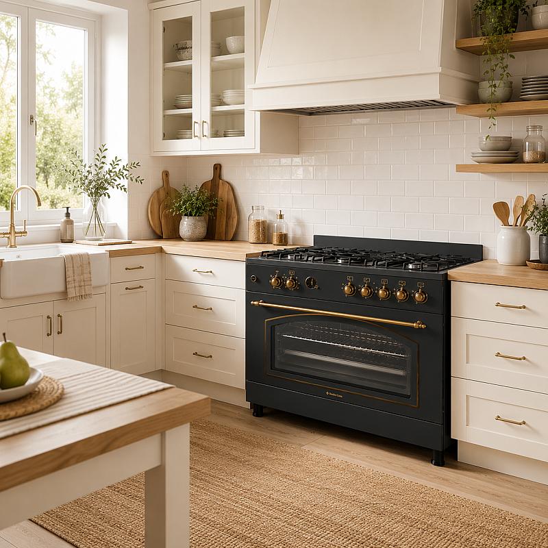 Aragaz rustic 5 arzatoare gaz, Negru, 90 cm, Ravena Antracit Studio Casa,  rotisor, cuptor electric cu ventilatie, Gratare fonta - Studiocasa.ro