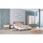 Dormitor set: Pat 169.5x213x101 cm, Dulap cu oglinda si LED 200x53x211 cm, Noptiere 45x36x41 cm, Comoda 70x46x74 cm, Culoare stejar - alb