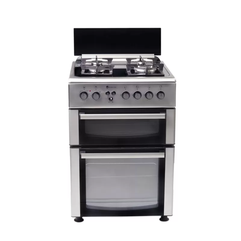 Aragaz mixt 4 arzatoare gaz, 2 cuptoare: Cuptor electric + Cuptor gaz, 60x60cm, Studio Casa Duetto FM60/60 cm., Ventilator, Aprindere electrica, Inox/ Sticla neagra - Studiocasa.ro