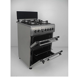 Resigilat Aragaz mixt 4 arzatoare gaz, 2 cuptoare: Cuptor electric + Cuptor gaz, 60x60cm, Studio Casa Duetto FM60/60 cm., Ventilator, Aprindere electrica, Inox/ Sticla neagra