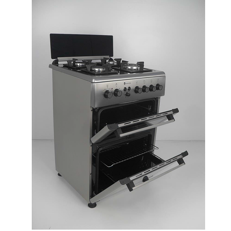 Resigilat Aragaz mixt 4 arzatoare gaz, 2 cuptoare: Cuptor electric + Cuptor gaz, 60x60cm, Studio Casa Duetto FM60/60 cm., Ventilator, Aprindere electrica, Inox/ Sticla neagra - Studiocasa.ro